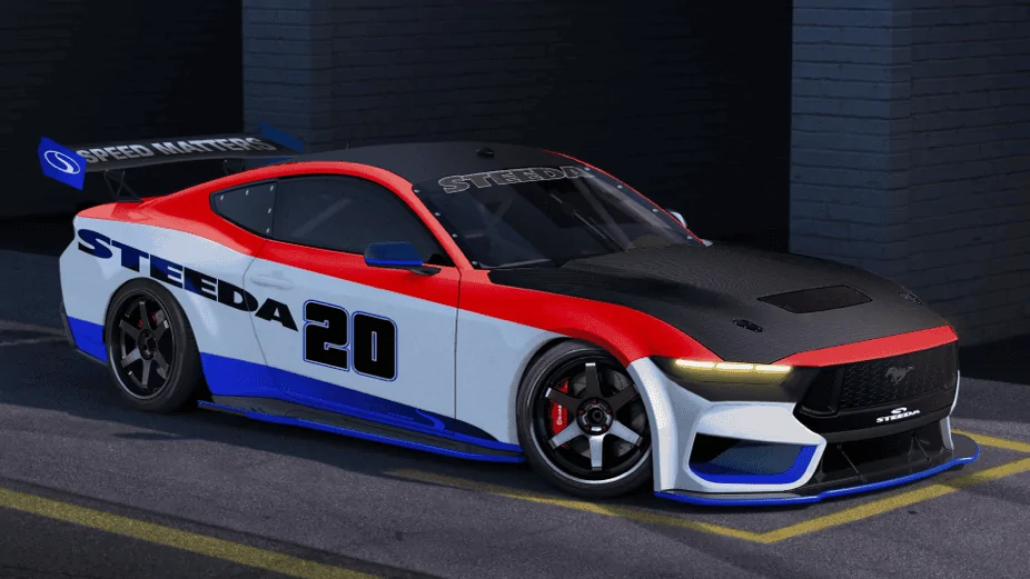 S650 Mustang Steeda #20 Road Race Car Livery Preview Rendered on 2024 Mustang Dark Horse R Steeda