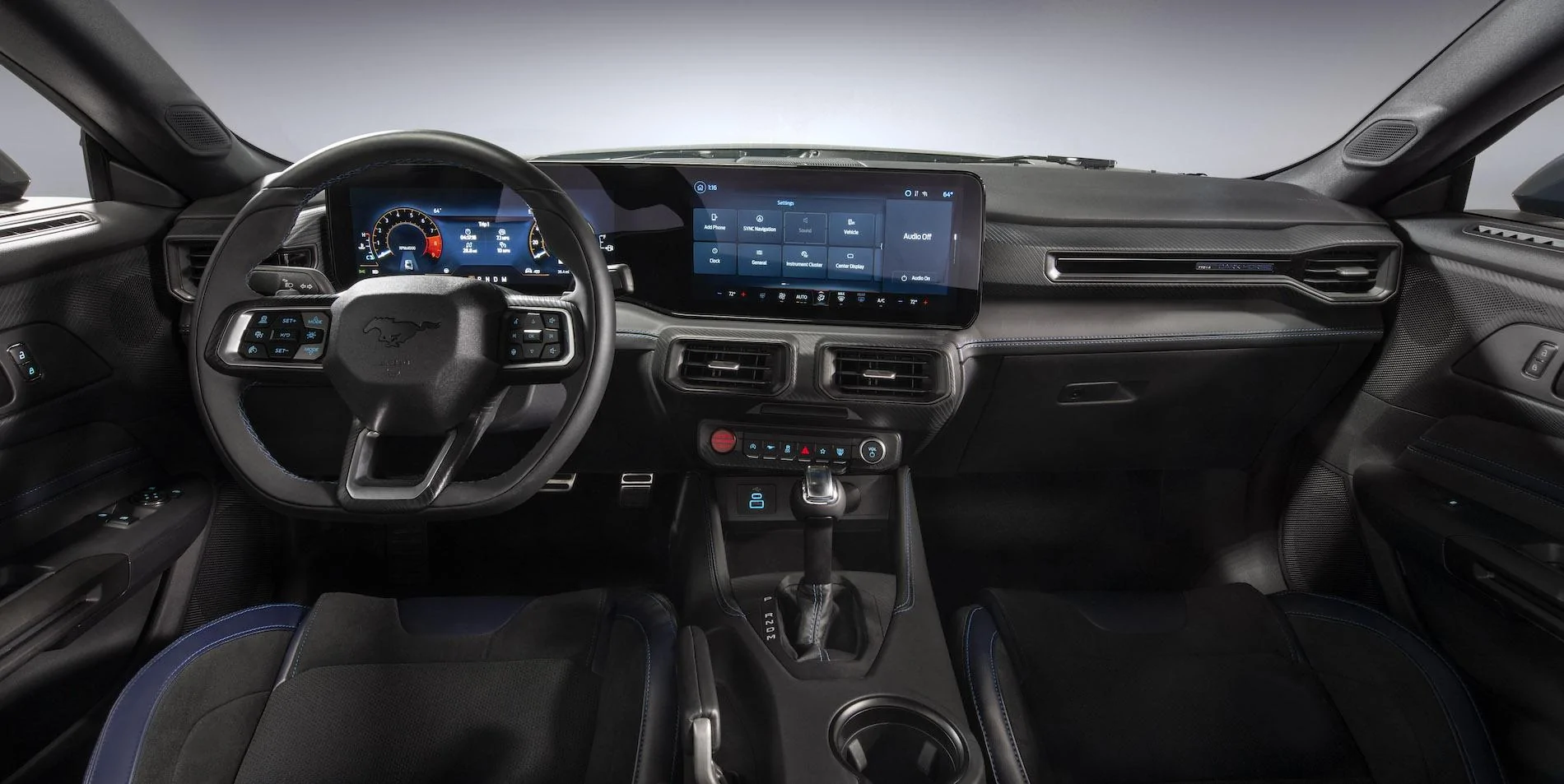 S650 Mustang New 2024 Mustang Dark Horse details: color-shifting Blue Ember paint, stripe options, interior look EPP_7585 Interior Center Final_V2