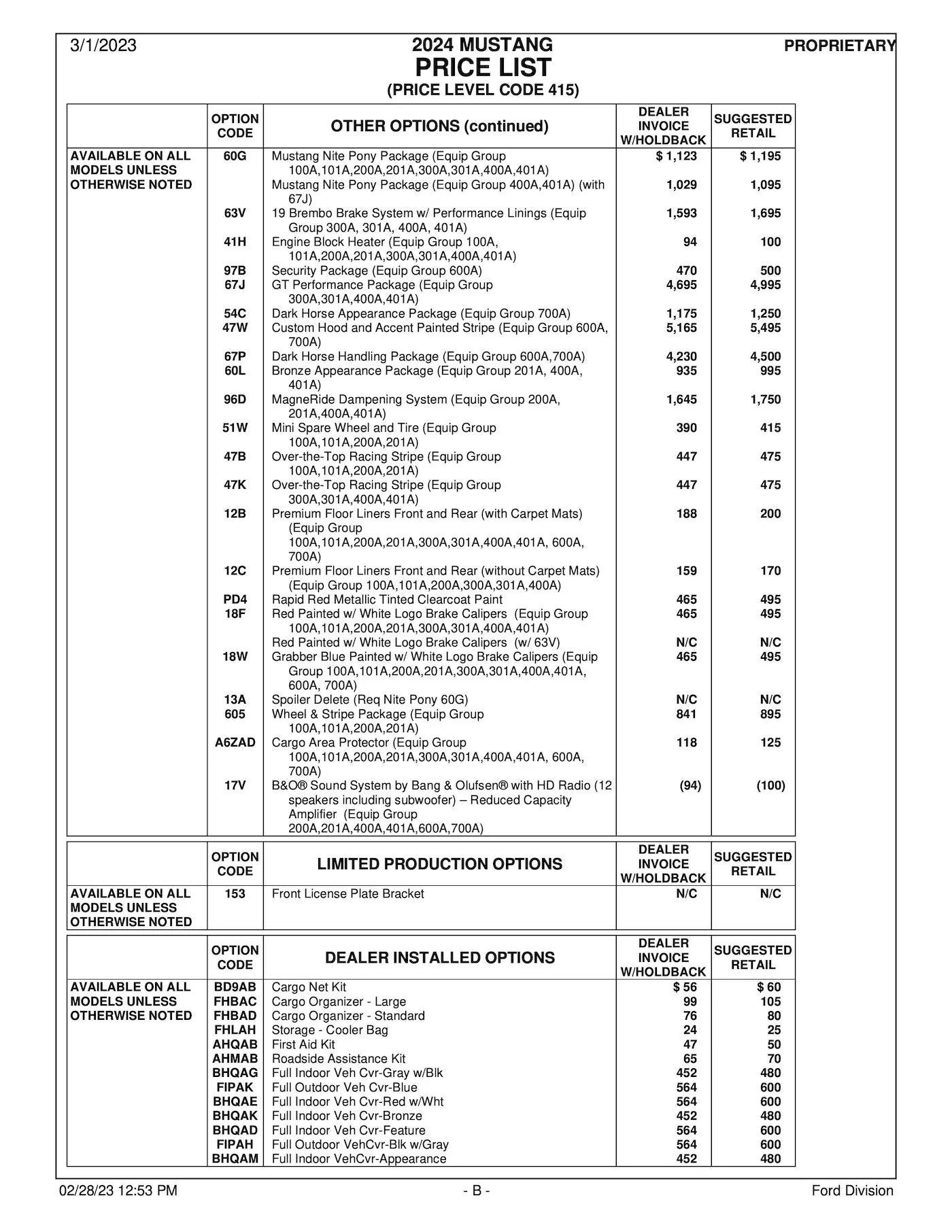 S650 Mustang Latest 2024 Mustang Order Guide and Price List (w/ MSRP & Invoice)! 2024MY Mustang PL415 Price List-2