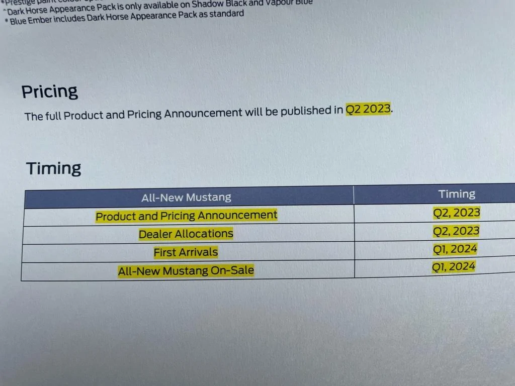 S650 Mustang 2024 Mustang Australia (AU) Pricing and Timing Schedule 2024 Mustang Au TIMING  UPDATE 29mar23