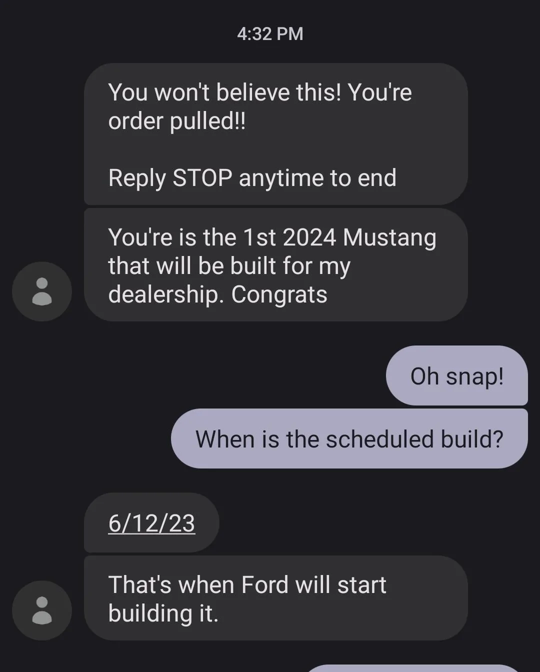S650 Mustang 2024 Mustang Scheduling This Week (4/13/23) For Retail Orders. Constraints: Stop Build on Dark Horse, No GT Performance Package, No Black Painted Roof Screenshot_20230413_163533_Messages