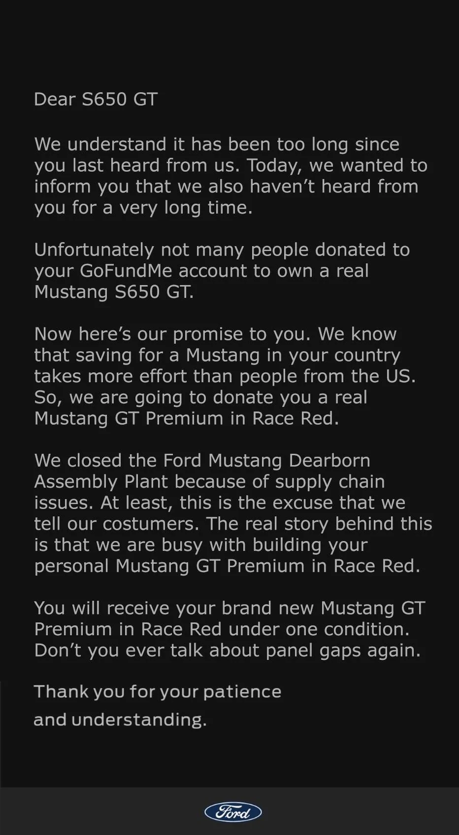 S650 Mustang Just got this email from Ford pane gaps