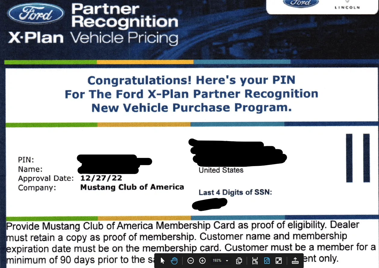 S650 Mustang Anyone using Ford Family and Friends plans? Dealer fees? 1689890902525