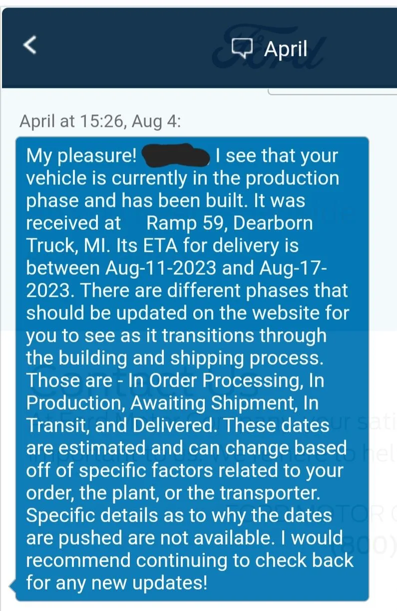 S650 Mustang Delivery starts tomorrow!! (says Ford Chat) Screenshot_20230804_152634_Chrom