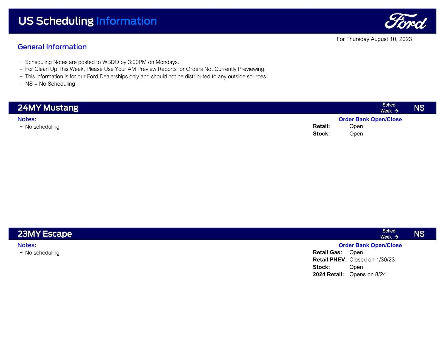 S650 Mustang No Mustang Scheduling This Week (8/10/23) Ford Scheduling Notes 8.7.23-1