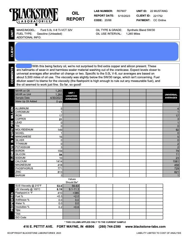 S650 Mustang First oil change -- what mileage are you doing it at? skye oil analysis