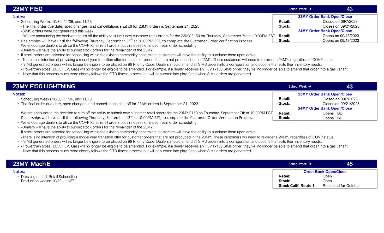 S650 Mustang Mustang Scheduling This Week (9/14/23) for Production Weeks 10/30-11/27 Ford Scheduling Notes - 9.11.23-5