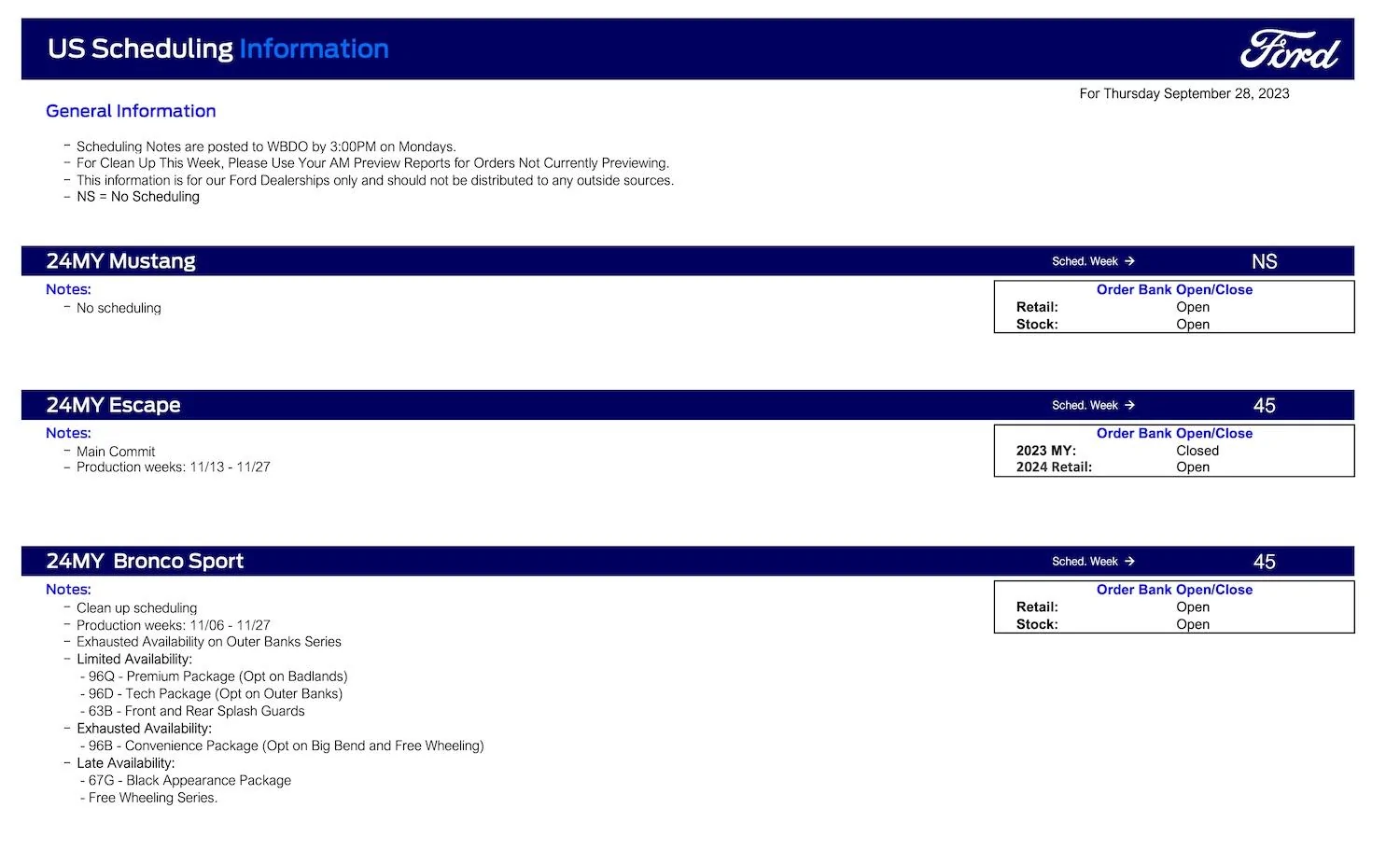 S650 Mustang No Mustang Scheduling This Week (9/28/23) Ford Scheduling Notes - 9.25.23-1