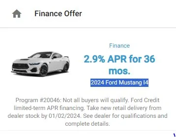 S650 Mustang New Ford (Private) Offer: $1250 Cash Incentive on 2024 Mustangs (Non-Dark Horse) Until July 5th 1696769712788