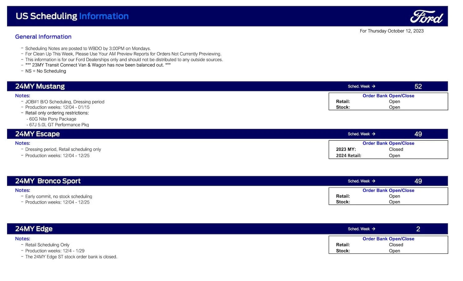 S650 Mustang Mustang Scheduling Job #1 Balance Out Orders This Week (10/12/23) For Production Weeks 12/4/23 - 1/15/24 Ford Scheduling Notes - 10.09.23-1