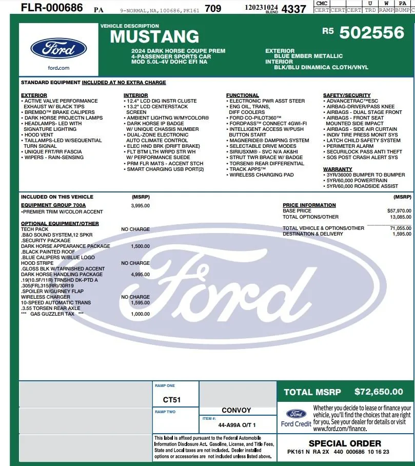 S650 Mustang Lots of unsold dark horse on ground Blue DH