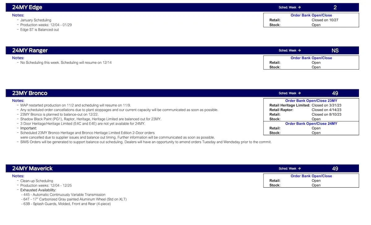 S650 Mustang No Mustang Scheduling This Week (11/9/23) Ford Scheduling Notes - 11.6.23-2