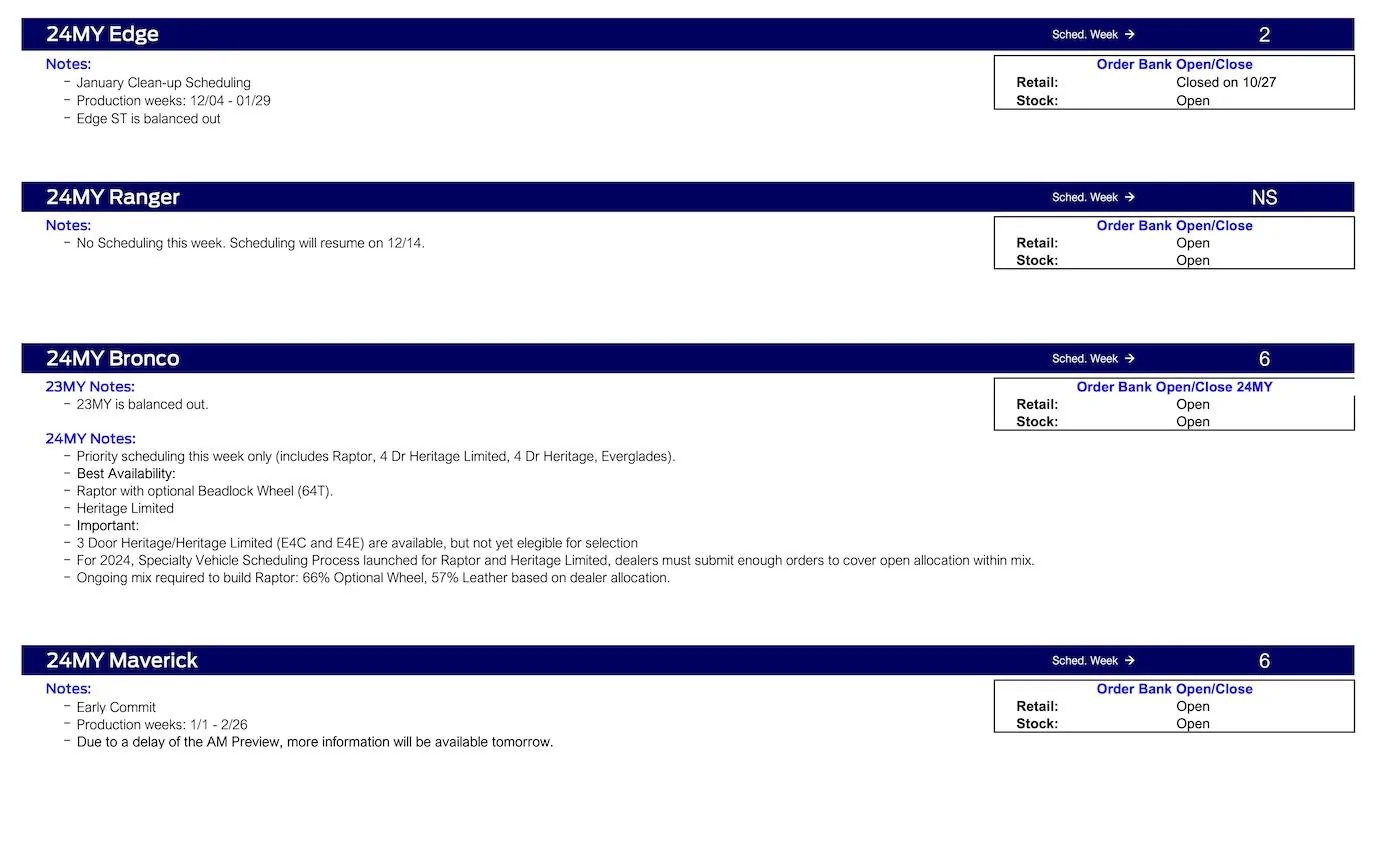 S650 Mustang No Mustang Scheduling This Week (11/16/23) Ford Scheduling Notes - 11.13.23 -2