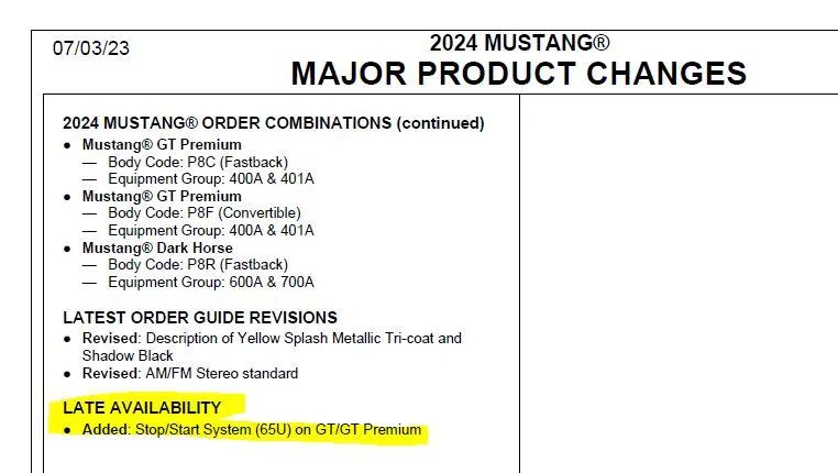 S650 Mustang 2024 Mustang Australia (AU) Pricing and Timing Schedule Captur