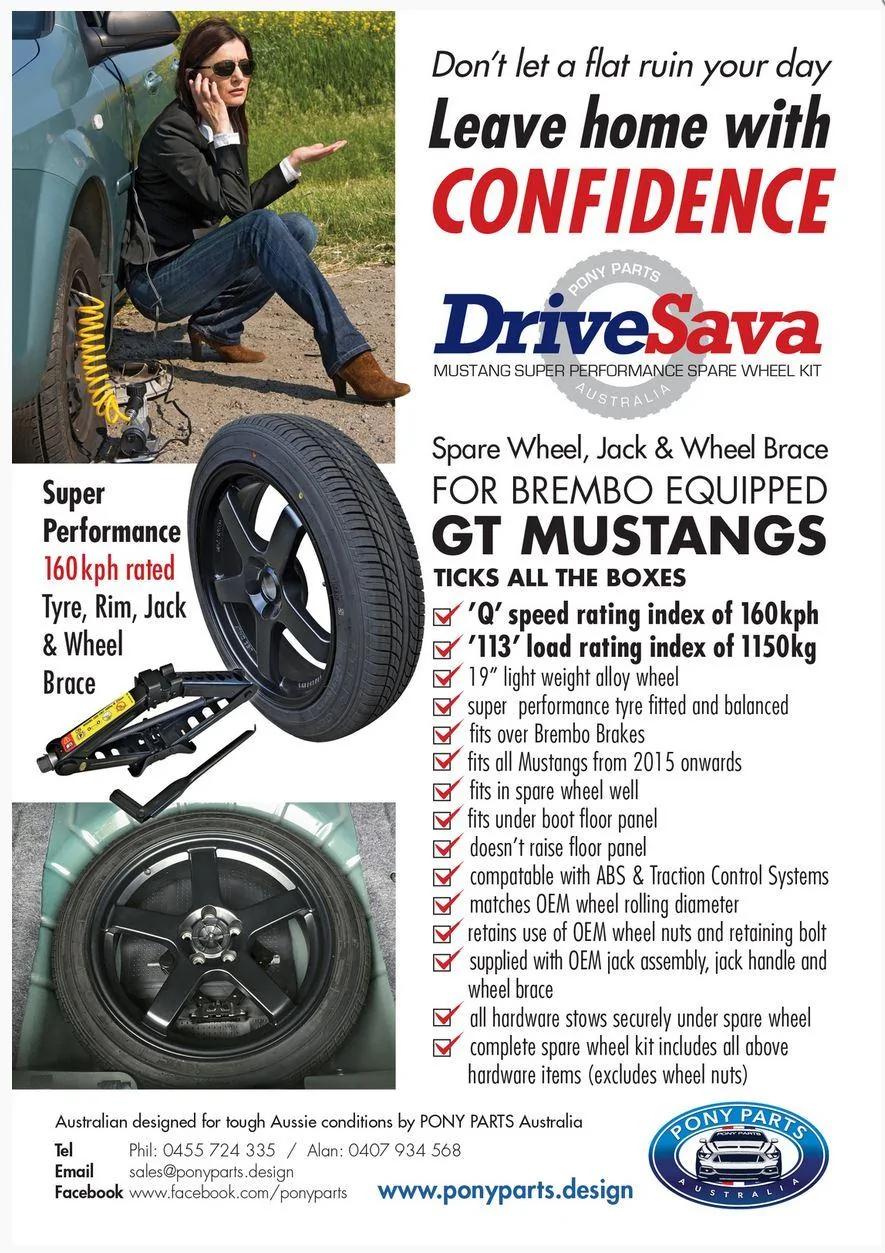 S650 Mustang Spare tire option for Performance Pack or standalone Brembo BBK kit -- tested Pony Parts Drive Sava spar