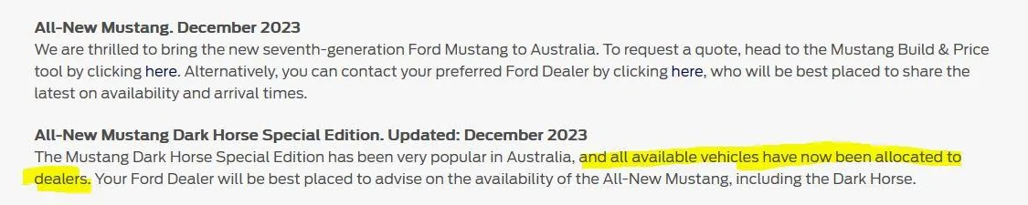 S650 Mustang 2024 Mustang Australia (AU) Pricing and Timing Schedule Captur