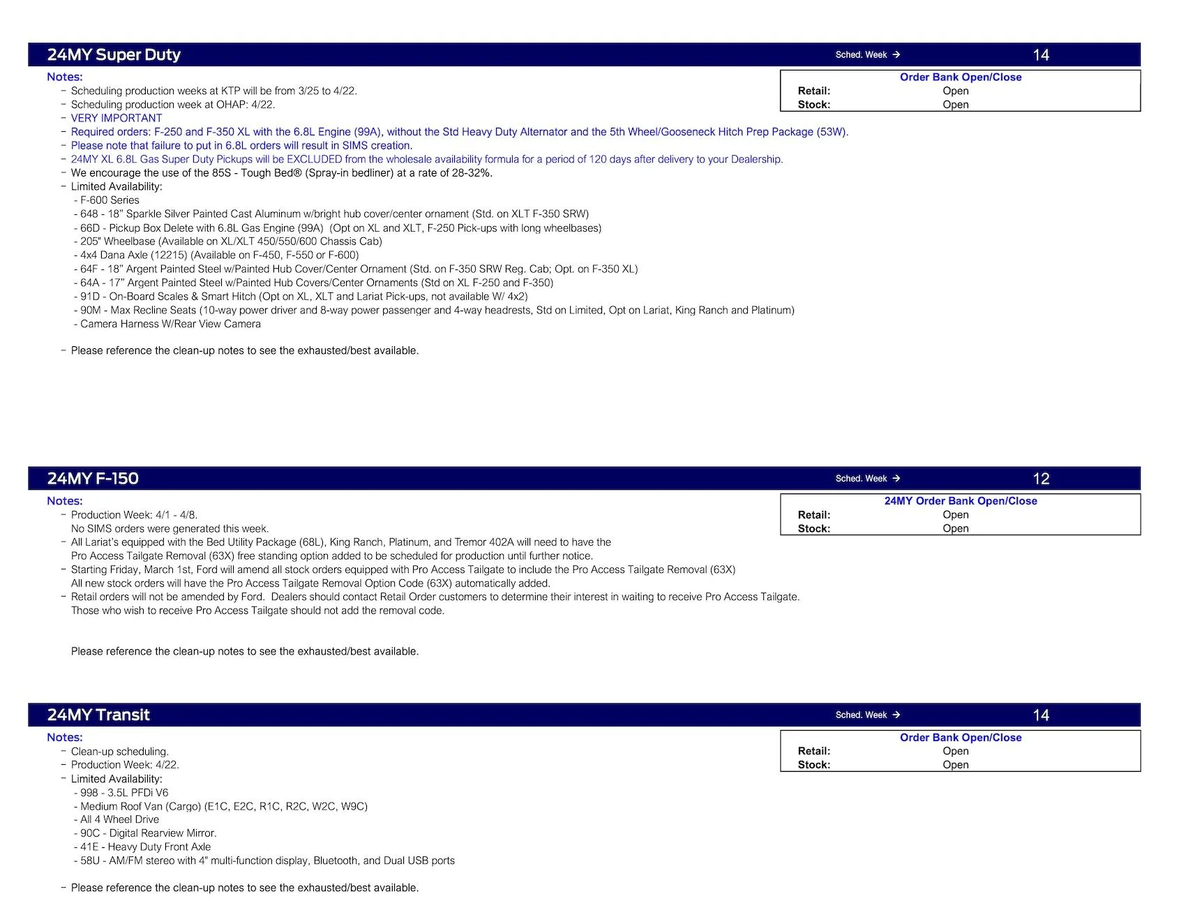S650 Mustang 2024 Mustang No Scheduling This Week (3/7/24) Ford Scheduling Notes - 3.4.24-3