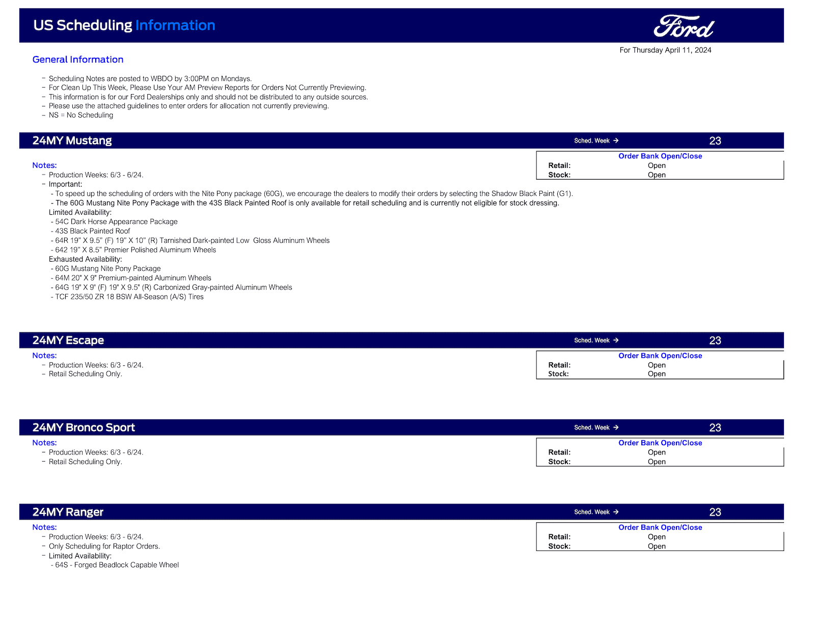S650 Mustang 2024 Mustang Scheduling This Week (4/11/24) for Production Weeks 6/3 - 6/24 Ford Scheduling Notes - 4.8.24 -1