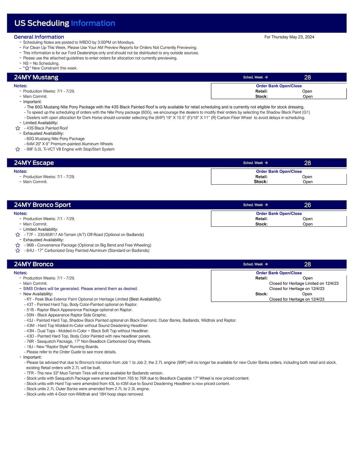 S650 Mustang 2024 Mustang Scheduling This Week (5/23/24) for Production Weeks 7/1 - 7/29 US Ford Scheduling Notes - 5.20.24-1