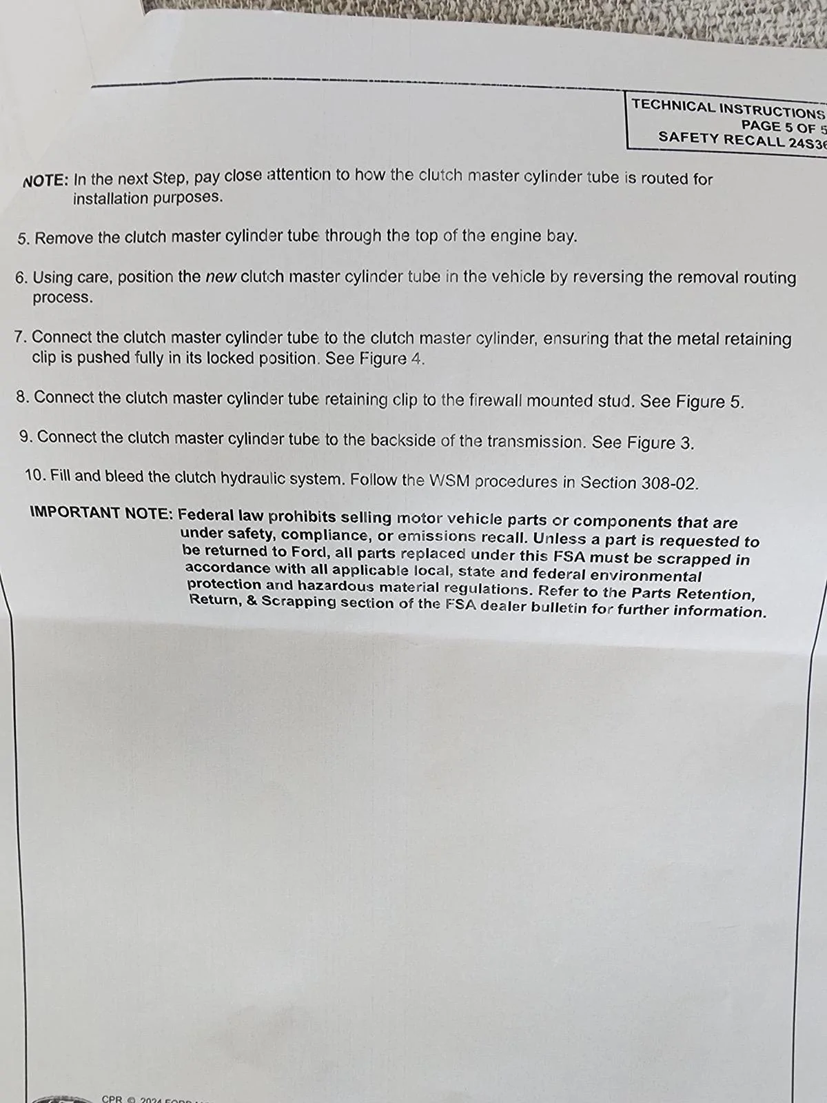 S650 Mustang Recall 24S36 - Leaking Hydraulic Clutch Pressure Line 5