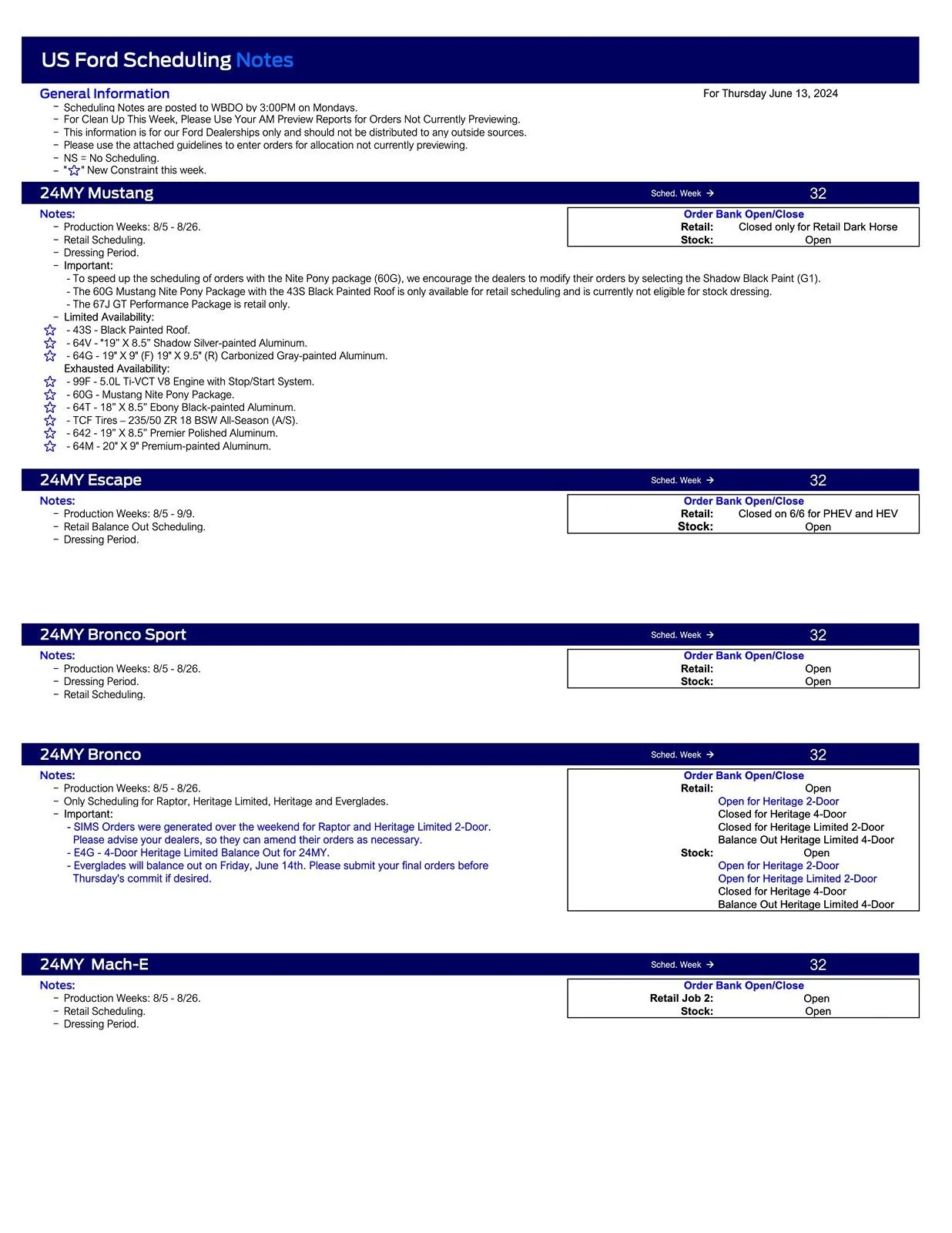 S650 Mustang 2024 Mustang Scheduling This Week (6/13/24) for Production Weeks 8/5 - 8/26 US Ford Scheduling Notes - 6.10.24-1