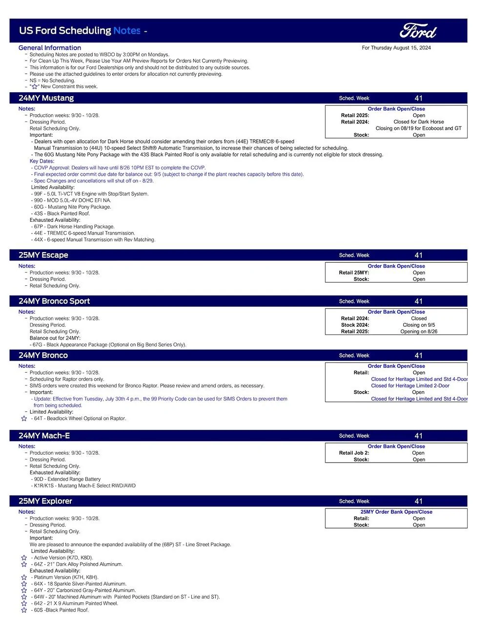 S650 Mustang 2024 Mustang Scheduling This Week (8/15/24) for Production Weeks 9/30 -10/28 US Ford Scheduling Notes - 8.12.24-1