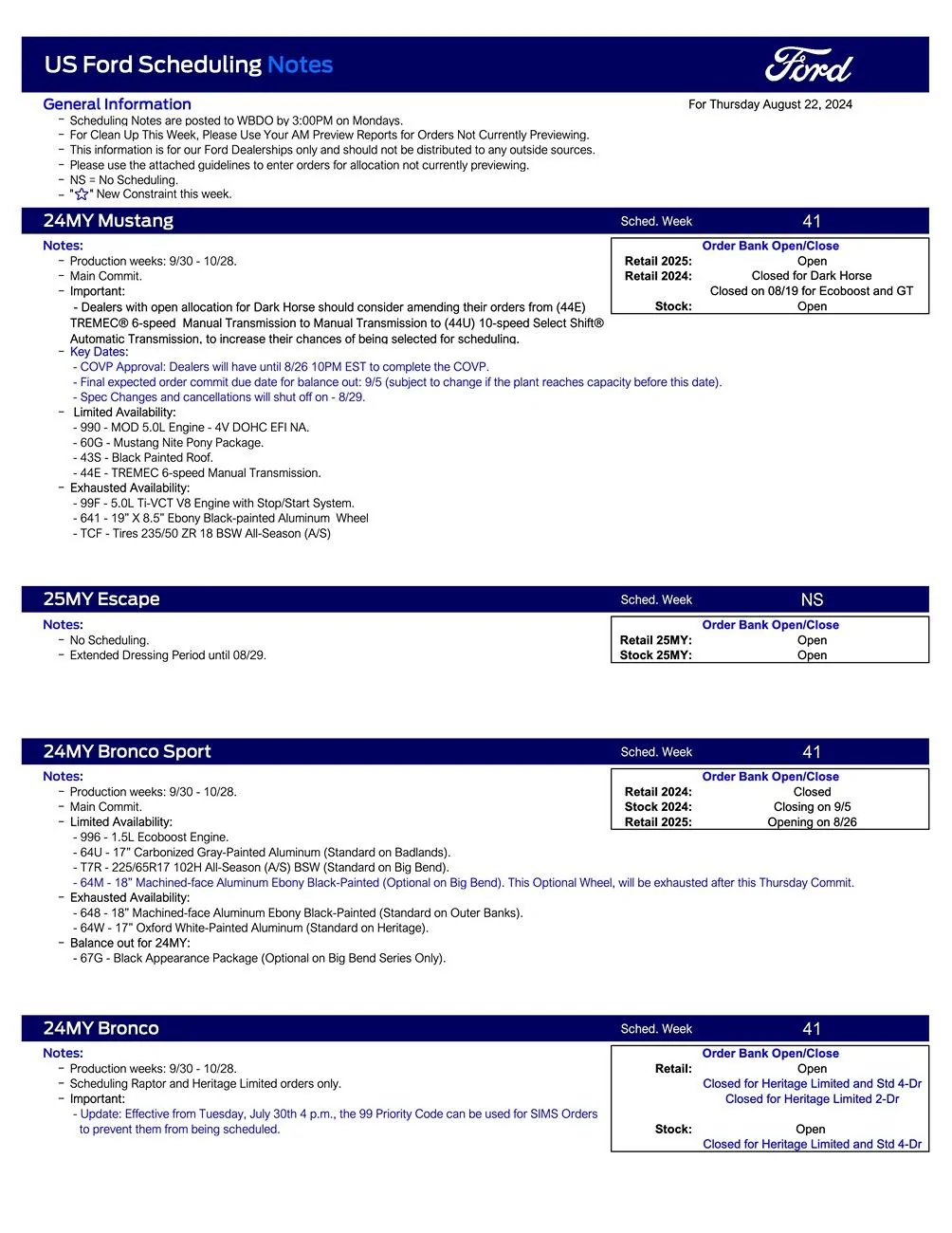 S650 Mustang 2024 Mustang Scheduling This Week (8/22/24) for Production Weeks 9/30 - 10/28 US Ford Scheduling Notes - 8.19.24-1