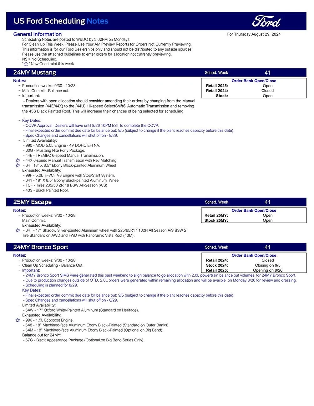 S650 Mustang 2024 Mustang Scheduling This Week (8/29/24) for Production Weeks 9/30 - 10/28 US Ford Scheduling Notes - 8.27.24-1