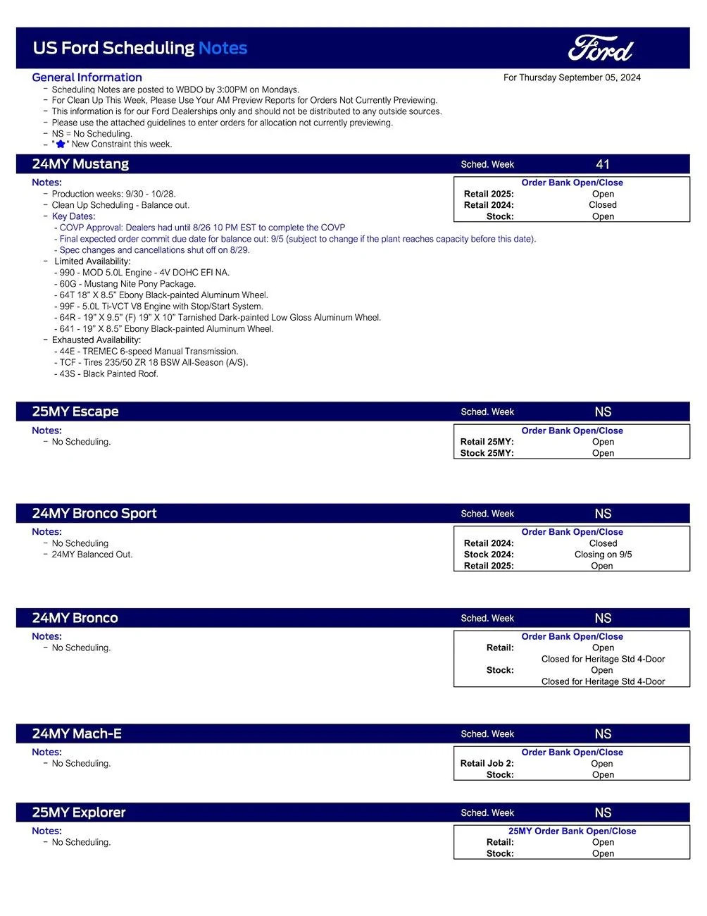 S650 Mustang 2024 Mustang Scheduling This Week (9/5/24) for Production Weeks 9/30 - 10/28 US Ford Scheduling Notes - 9.3.24-1