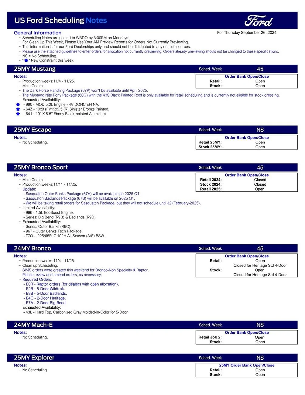 S650 Mustang 2025 Mustang Scheduling This Week (9/26/24) for Production Weeks 11/4 - 11/25 US Ford Scheduling Notes - 9.23.24-1