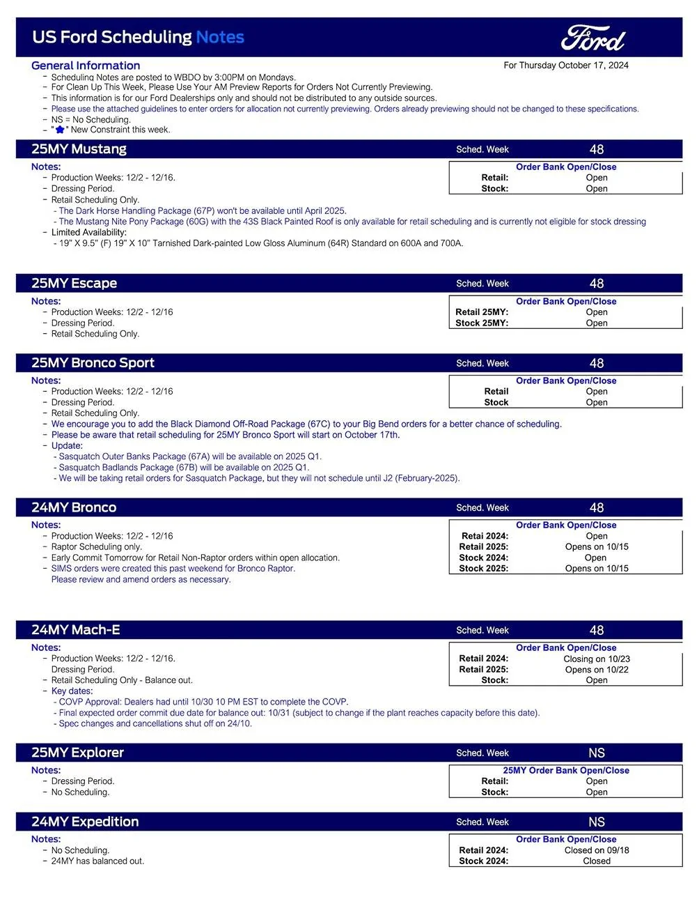S650 Mustang 2025 Mustang Scheduling This Week (10/17/24) for Production Weeks 12/2 - 12/16 US Ford Scheduling Notes - 10.14.24-1