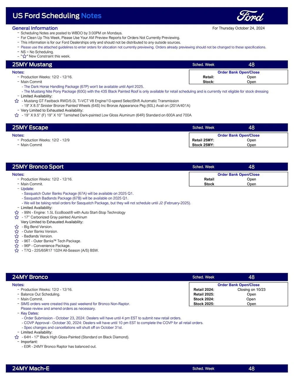 S650 Mustang 2025 Mustang Scheduling This Week (10/24/24) for Production Weeks 12/2 - 12/16 US Ford Scheduling Notes - 10.21.24-1