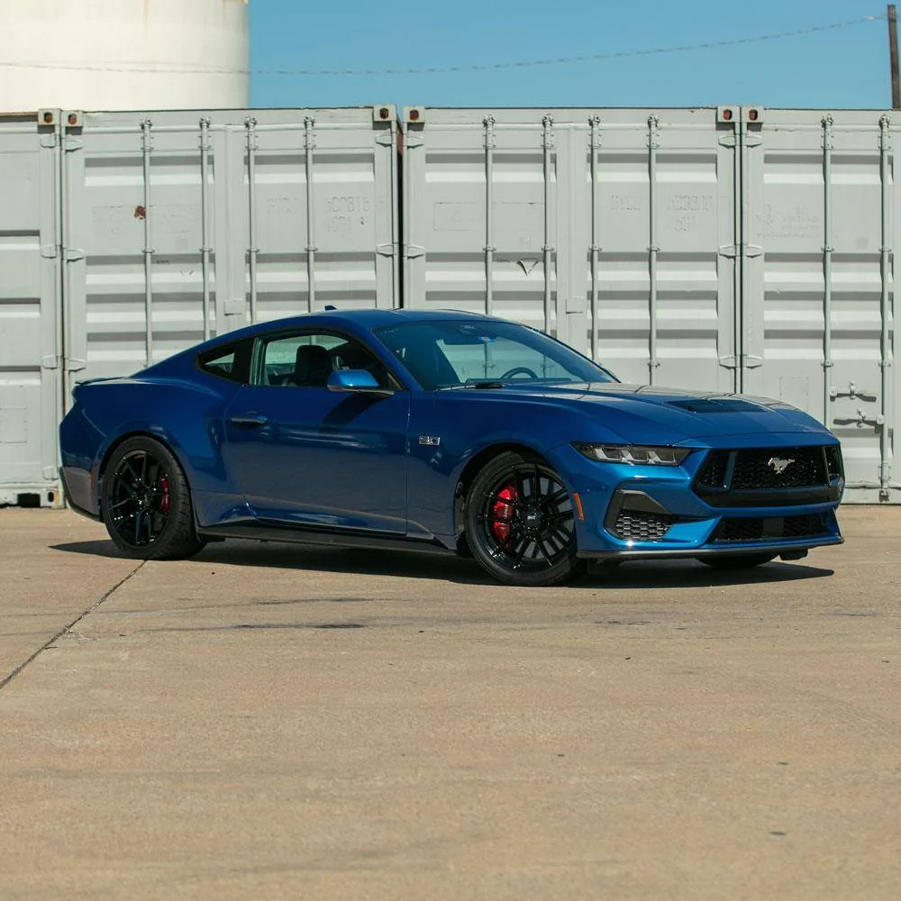 S650 Mustang Gloss Black SVE DHP1 Wheels On 2024 Atlas Blue Mustang GT sve-mustang-dhp1-wheel-nitto-tire-kit-19x10-11-black-24-25_d6b4b8c