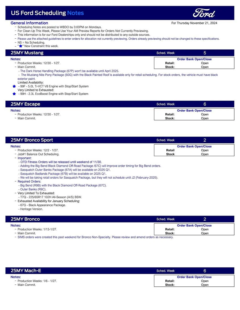 S650 Mustang 2025 Mustang Scheduling This Week (11/21/24) for Production Weeks 12/30-1/27 US Ford Scheduling Notes - 11.18.24-1