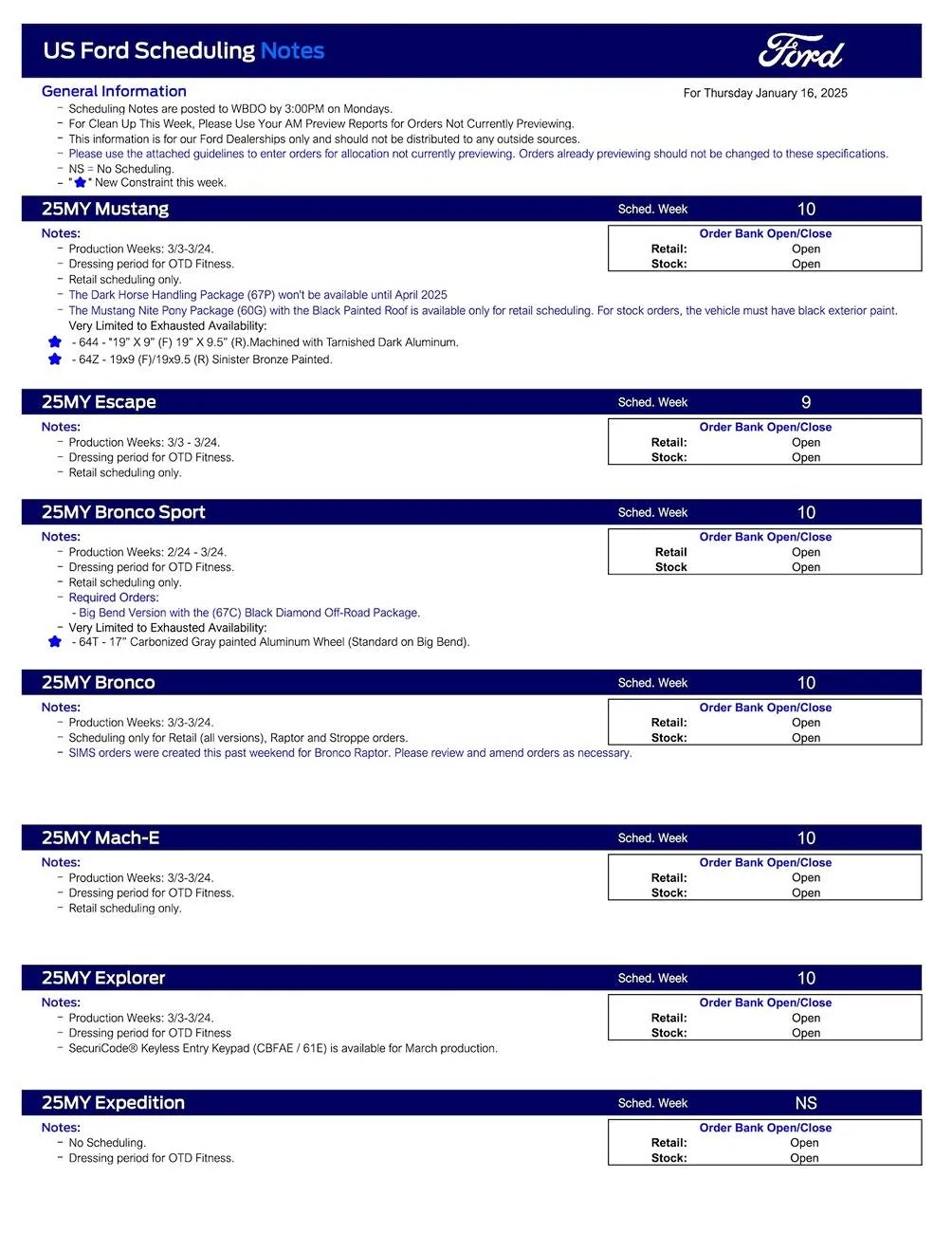 S650 Mustang 2025 Mustang Scheduling This Week (1/16/25) for Production Weeks 3/3 - 3/24/25 US Ford Scheduling Notes - 1.13.25-1