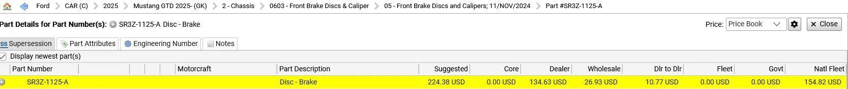 S650 Mustang Mustang GTD Information from ECat (Electronic Catalog) – Part Numbers, Technical Specs, Hidden Features GTD Front Rotor Cost