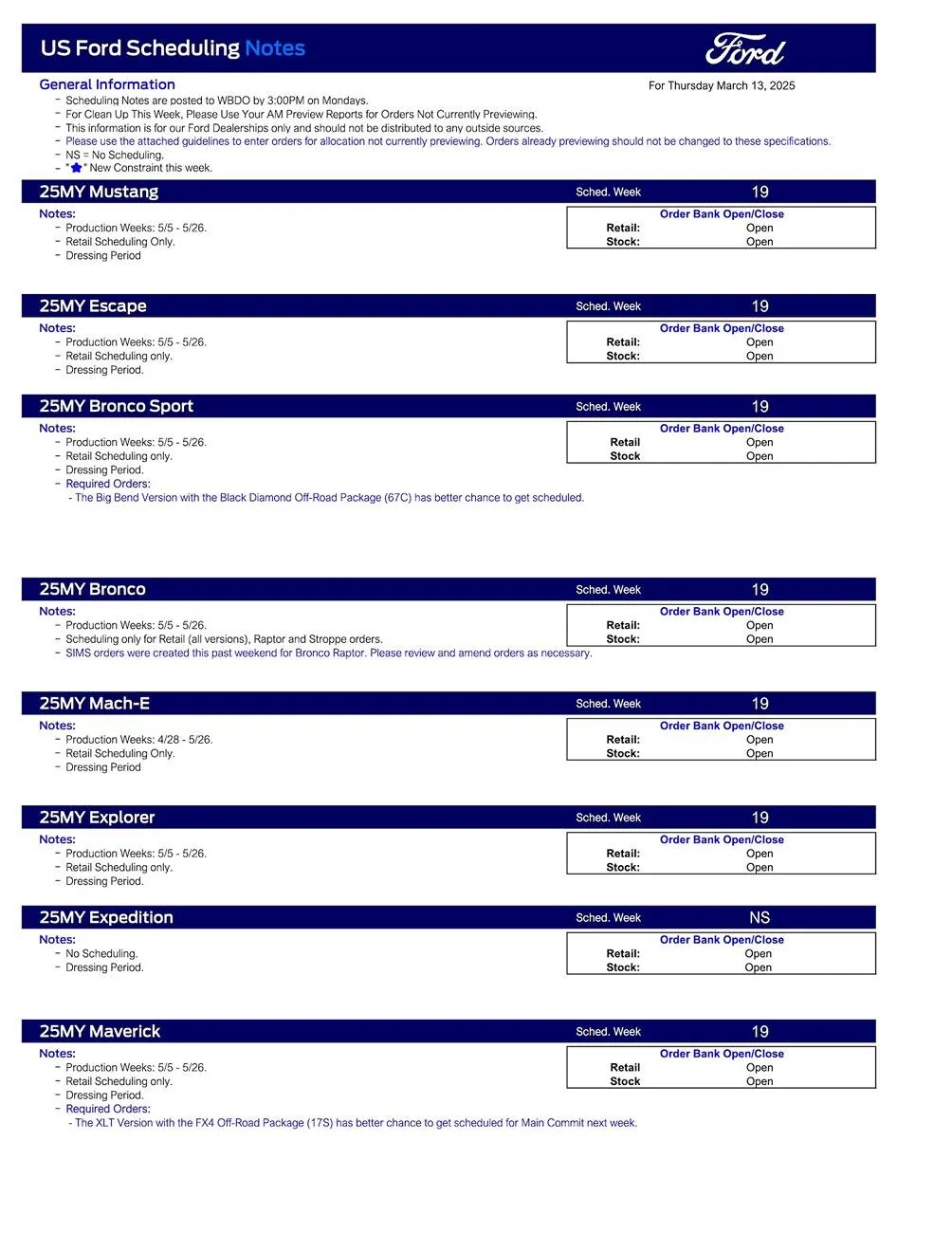 S650 Mustang 2025 Mustang Scheduling This Week (3/13/25) for Production Weeks 5/5 - 5/26 US Ford Scheduling Notes - 3.10.25-1