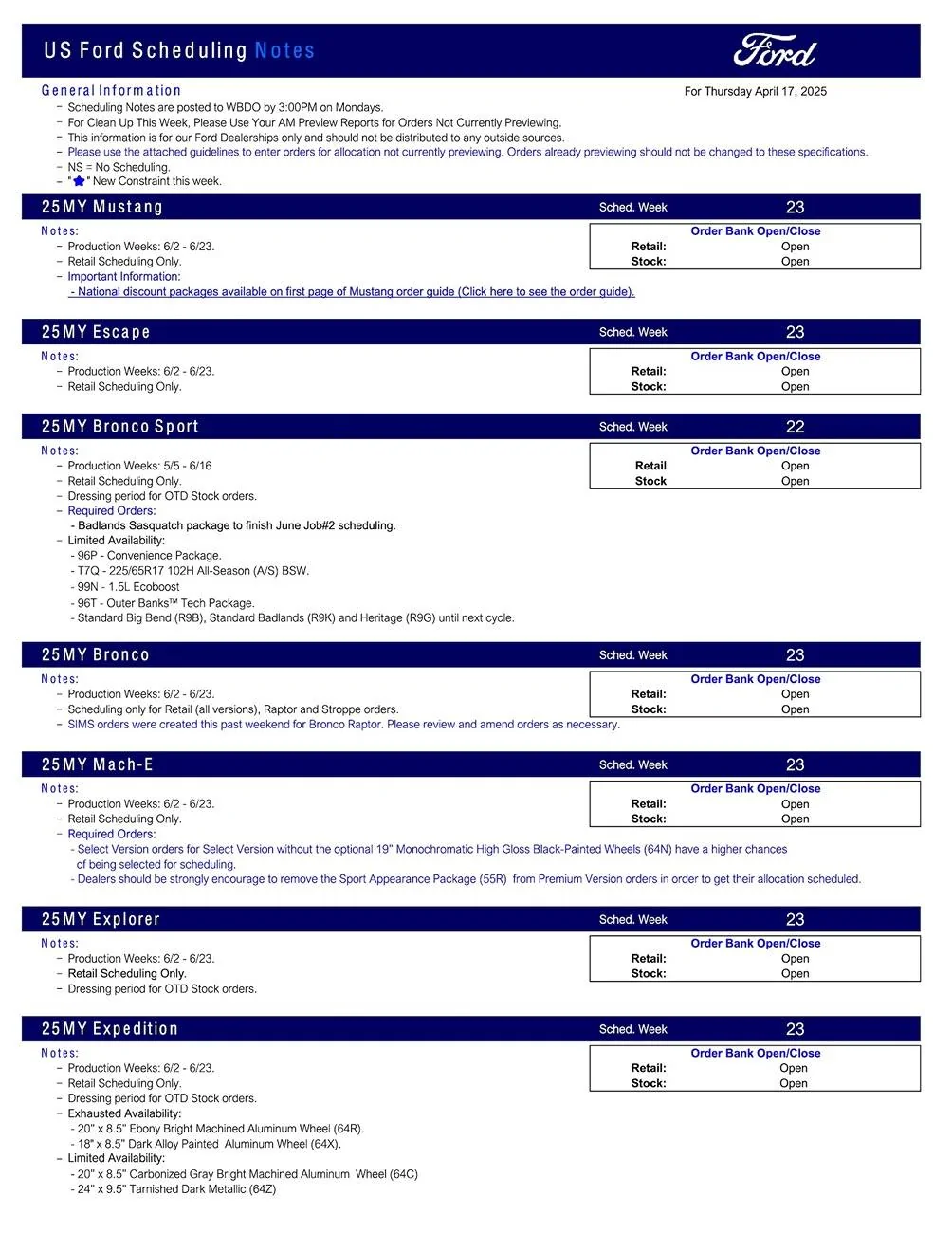 S650 Mustang 2025 Mustang Scheduling This Week (4/17/25) for Production Weeks 6/2 - 6/23 US Ford Scheduling Notes - 4.15.25-1