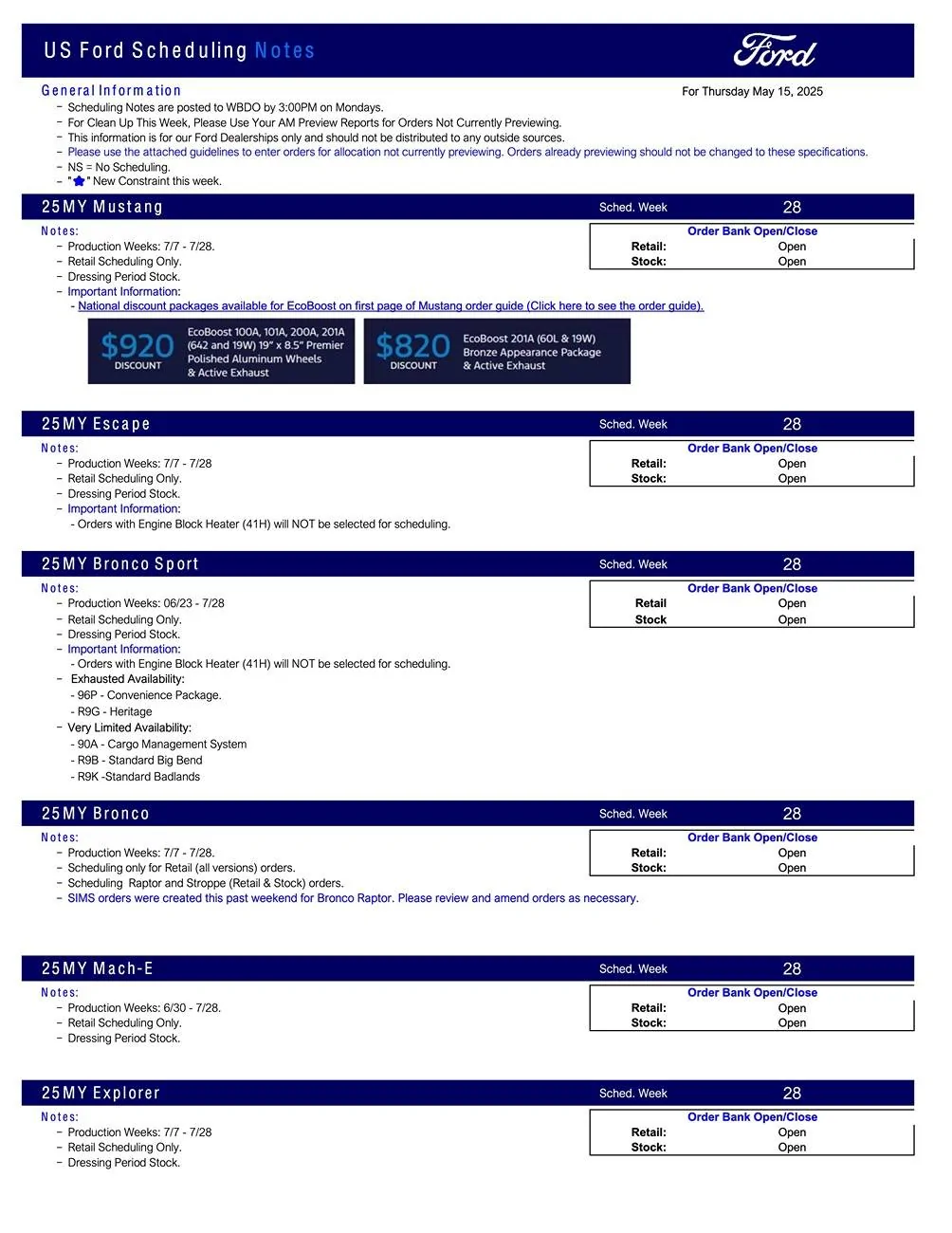 S650 Mustang 2025 Mustang Scheduling This Week (5/15/25) for Production Weeks 7/7 - 7/28 + EcoBoost Discount Packages US Ford Scheduling Notes - 5.13.25-1