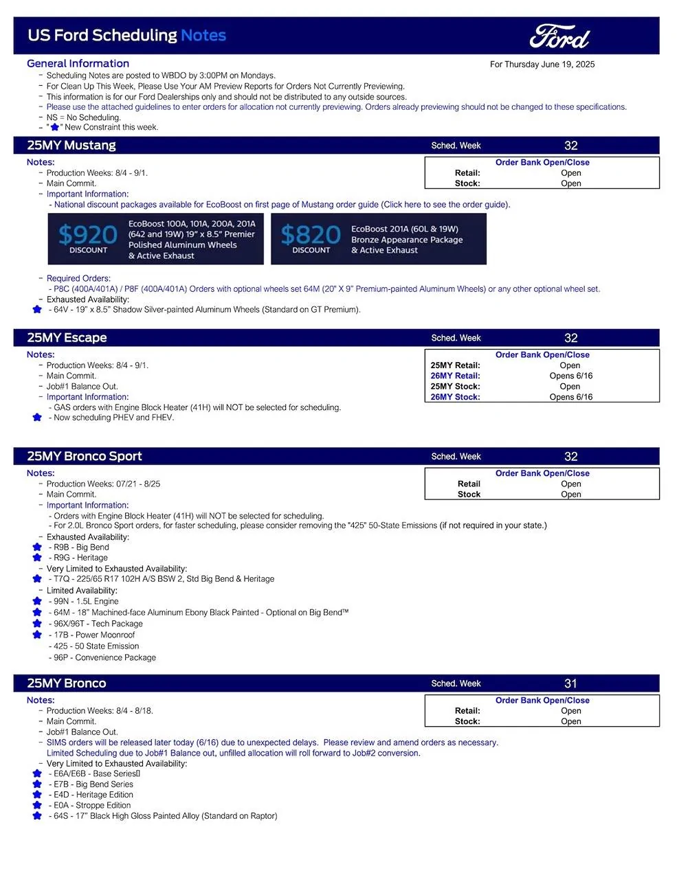 S650 Mustang 2025 Mustang Scheduling This Week (6/19/25) for Production Weeks 8/4 - 9/1 US Ford Scheduling Notes - 6.17.25-1