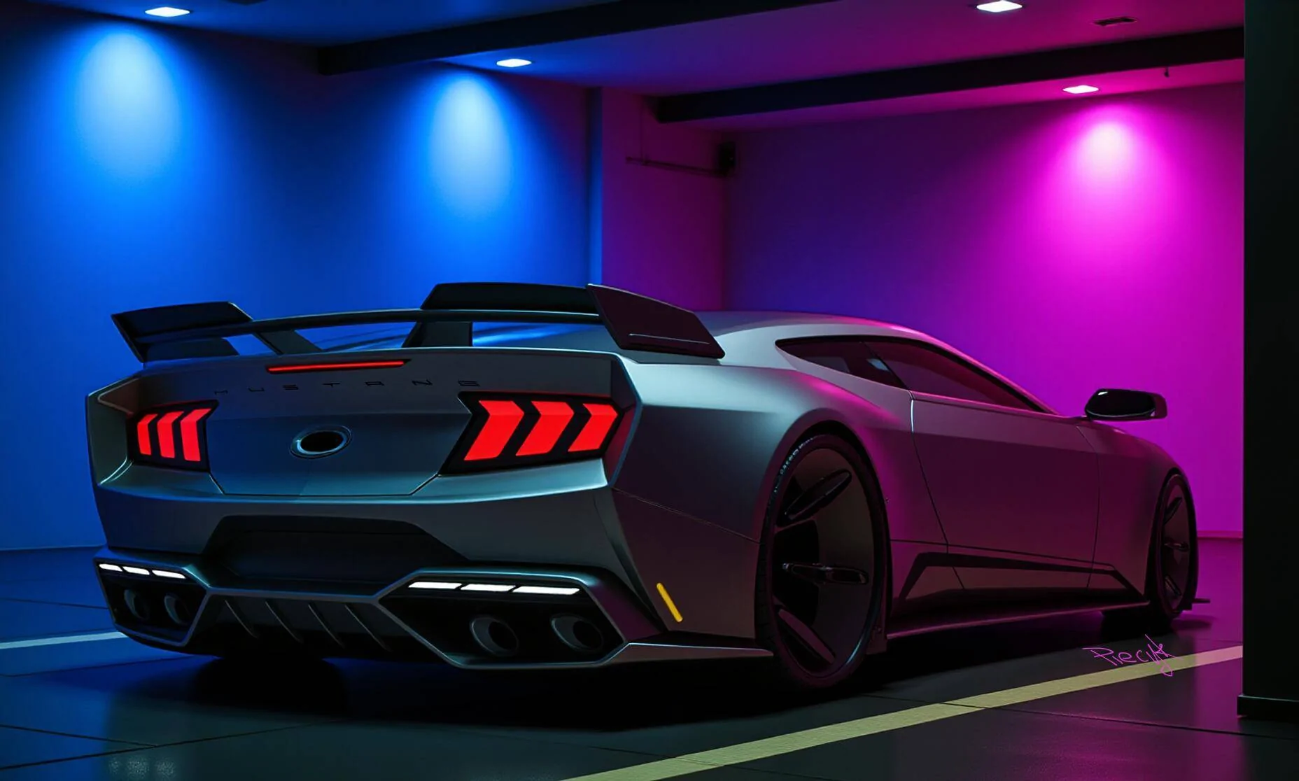 S650 Mustang S650 Boss 429 Concept Futuristic silver sports car with sleek lines, large wheels, rear wing, prominent taillights,