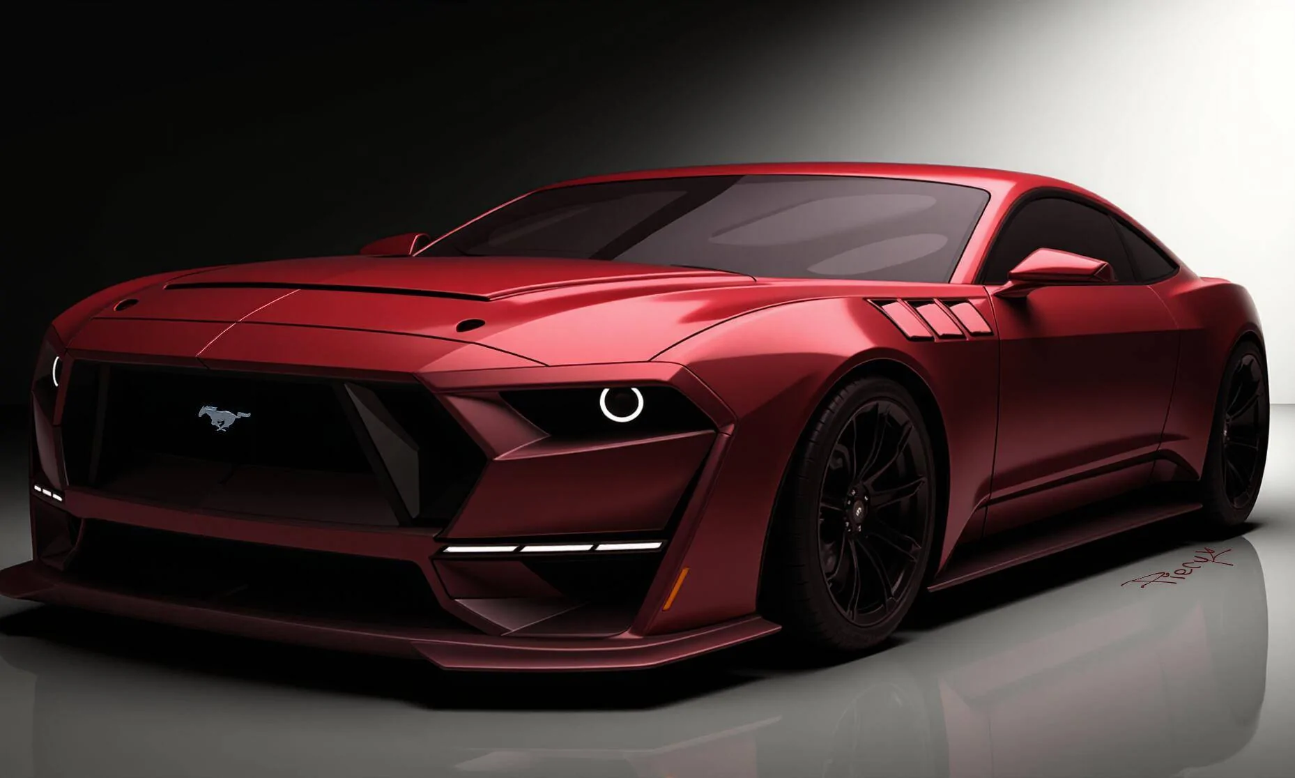 S650 Mustang S650 Boss 429 Concept Aggressive, red sports car with sleek lines, wide stance, low profile, large front grille, LE