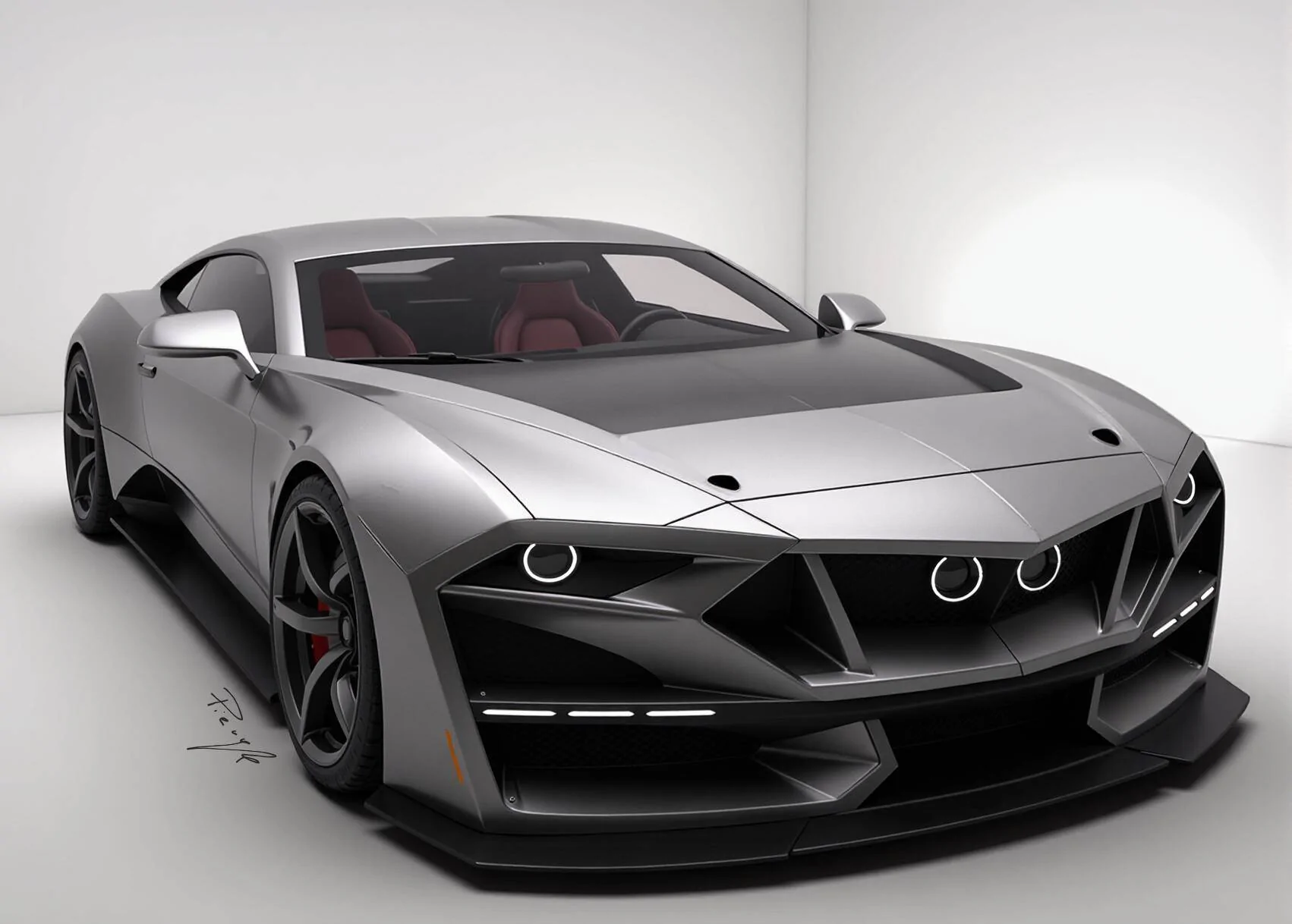 S650 Mustang S650 Boss 429 Concept Futuristic red sports car with sleek design, prominent front grille, air intakes, hood vent, 