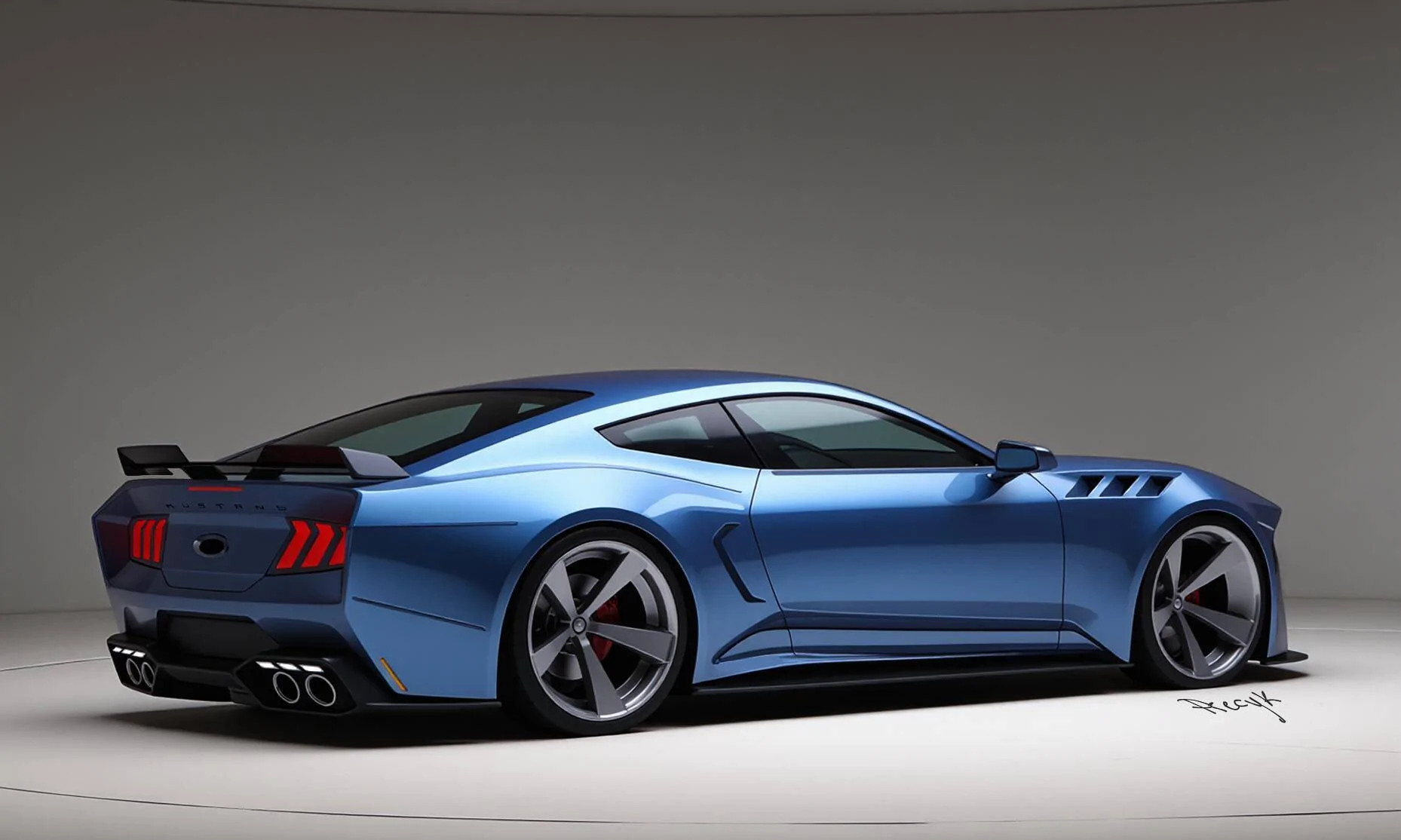 S650 Mustang S650 Boss 429 Concept Sleek, blue sports car sketch, side view, with prominent rear spoiler, large wheels, aerodyna