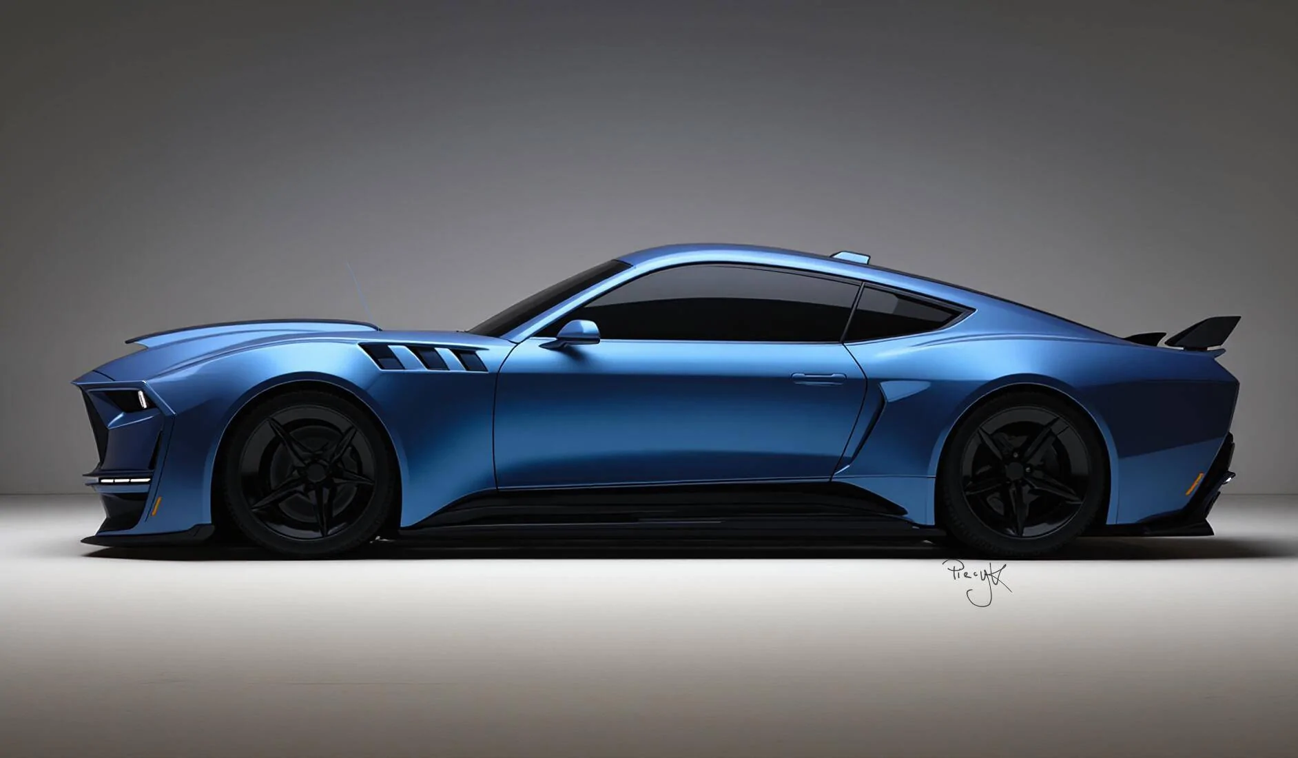 S650 Mustang S650 Boss 429 Concept Sleek blue sports car with tinted windows, aerodynamic body, black wheels, side vents, and a 