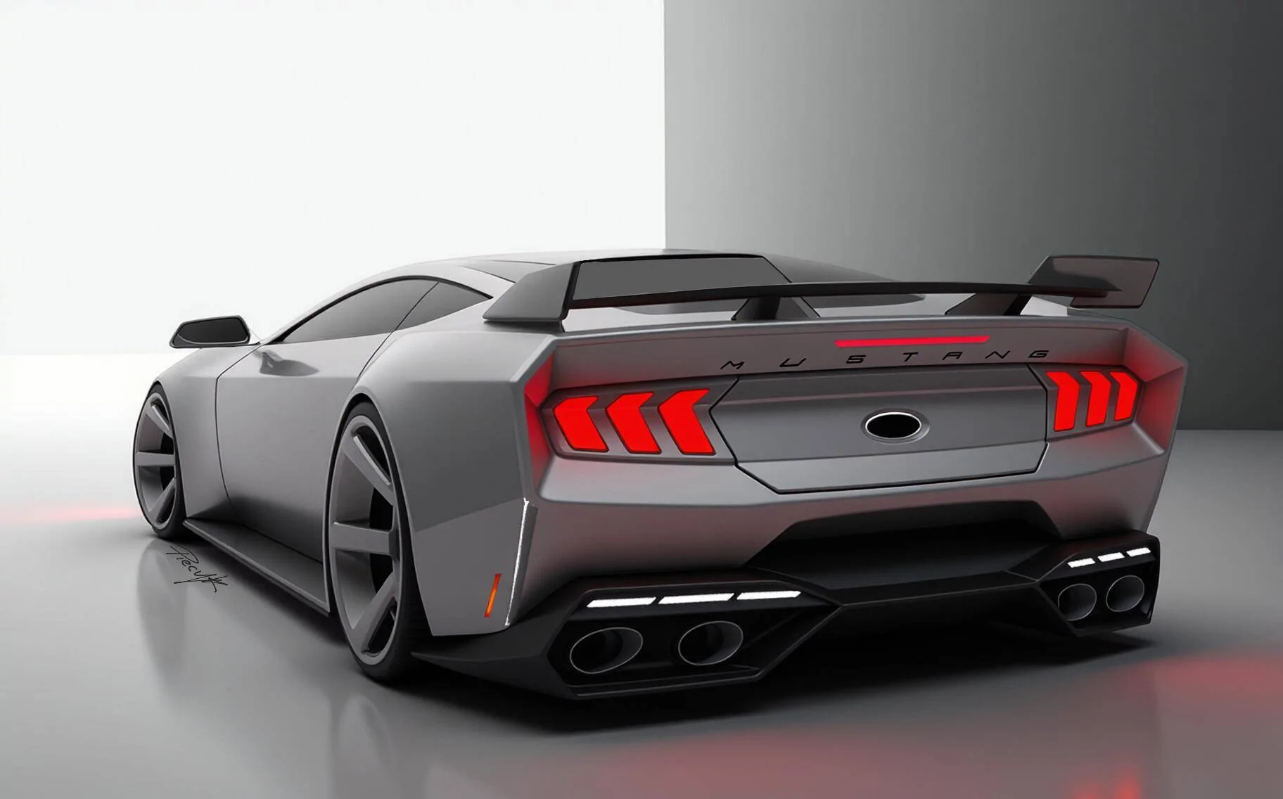 S650 Mustang S650 Boss 429 Concept Futuristic sports car with sleek design, large rear spoiler, LED taillights, four exhaust pi