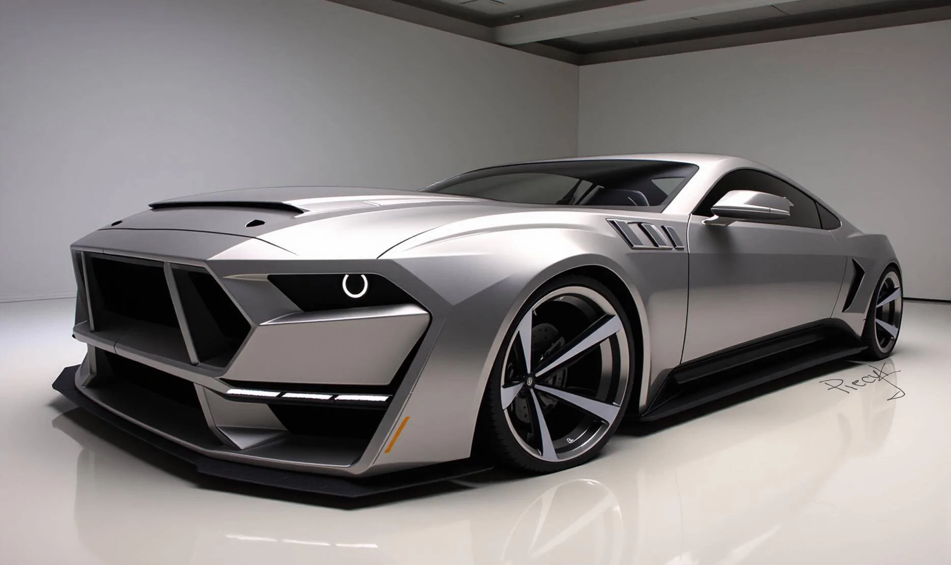 S650 Mustang S650 Boss 429 Concept Futuristic, silver sports car with sleek design, large front grille, LED headlights, prominen