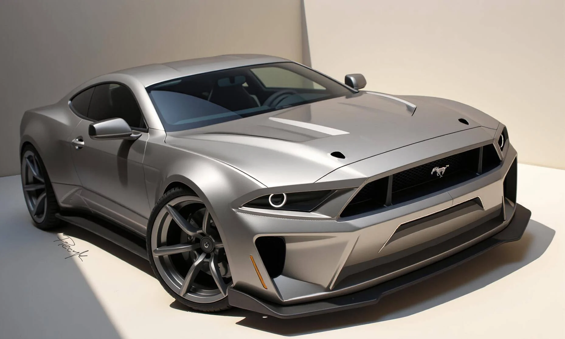 S650 Mustang S650 Boss 429 Concept A silver sports car with sleek design, prominent grille, LED headlights, aerodynamic lines, a