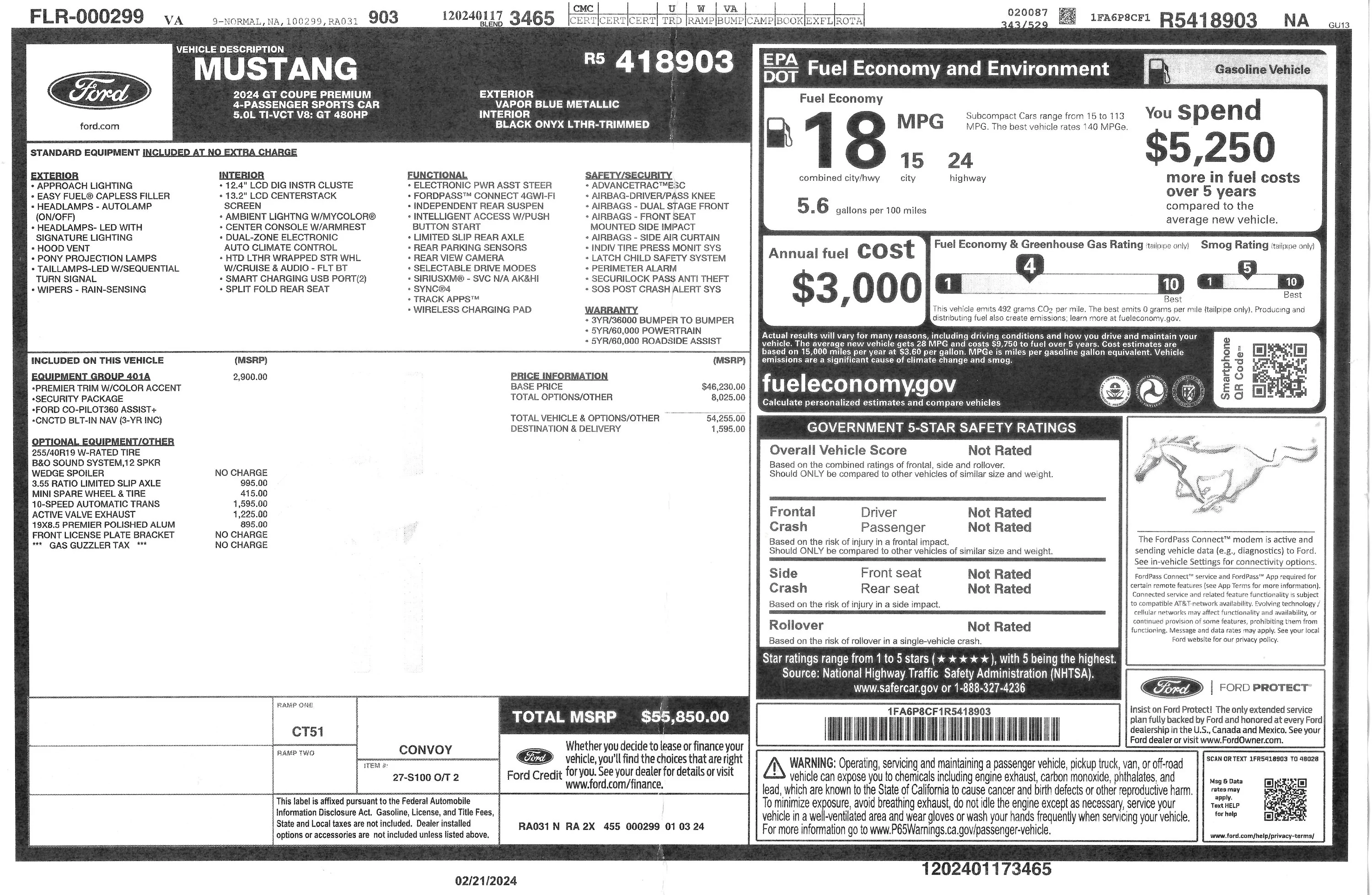 S650 Mustang 2024 Mustang GT premium window sticker