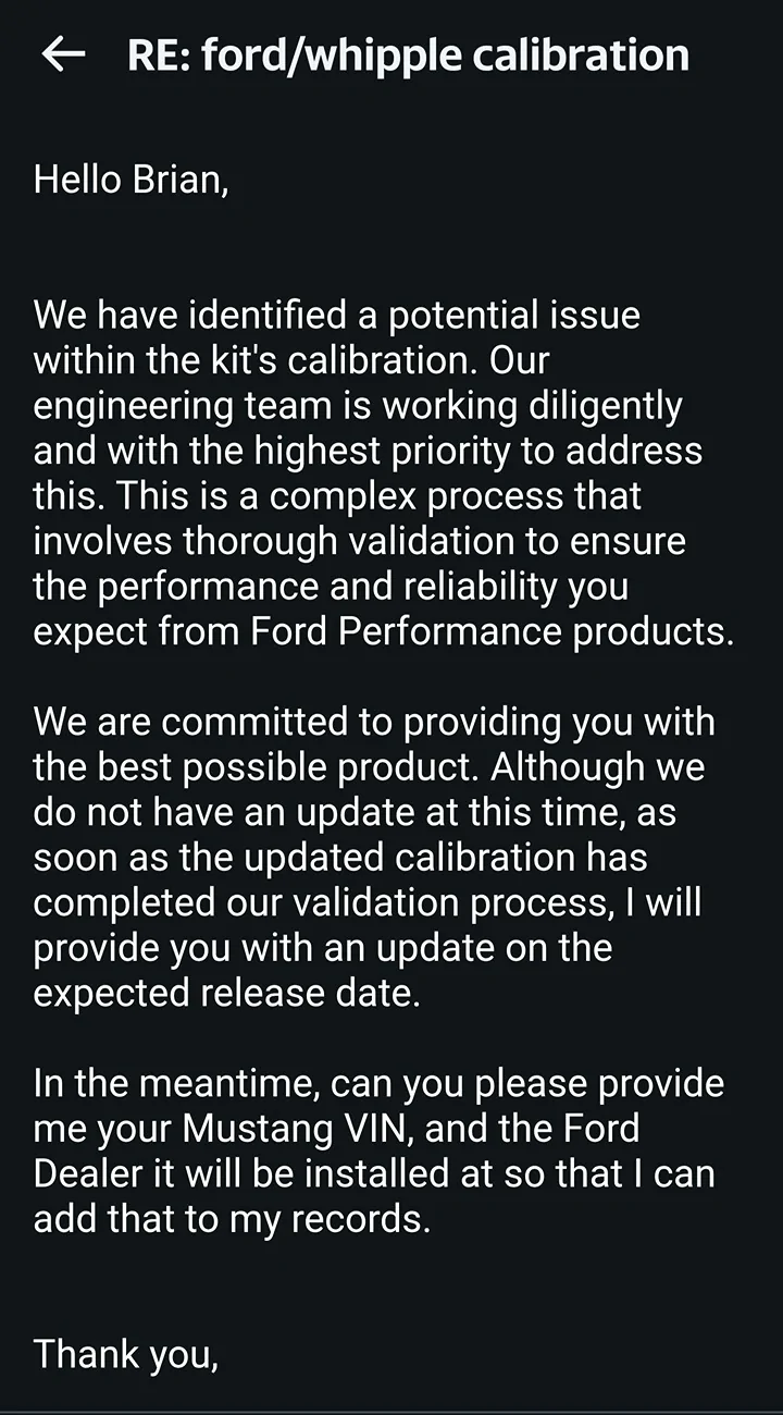 S650 Mustang Whipple Calibration On Hold Screenshot_20250904_094507_Yahoo Mail